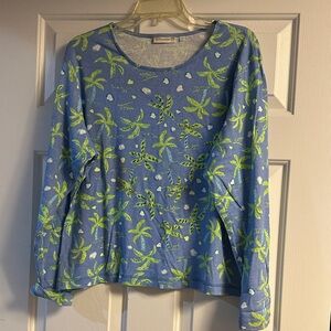 Lulu-B Blue Long Sleeve Palm Print Top with Green Accents